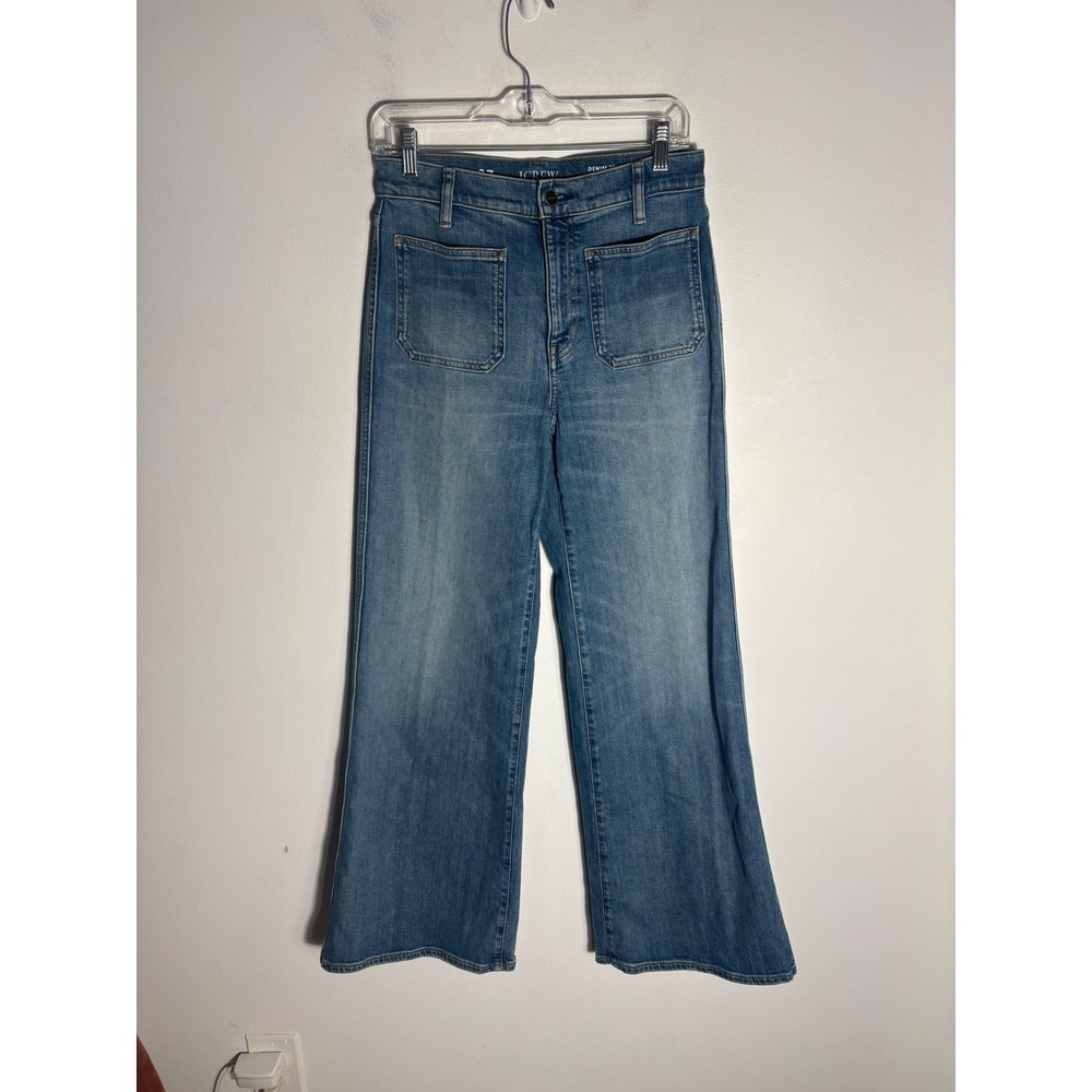 J. Crew Patch Pocket High Rise Denim Trouser Jeans Women 27 Wide Leg Stretch 31"